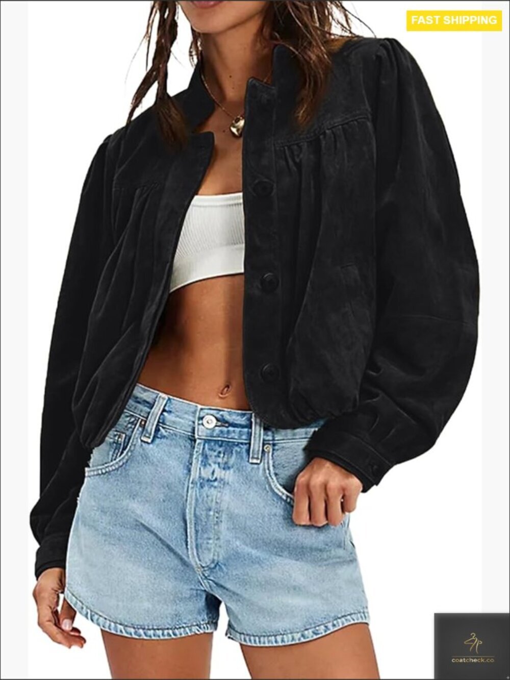 Faux Suede Oversized Cropped Jacket with Puffed Sleeves and Stand Collar - Picture 1 of 7